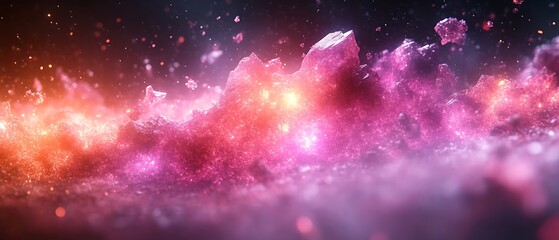 Fototapeta premium Pink and orange nebula with glowing particles.