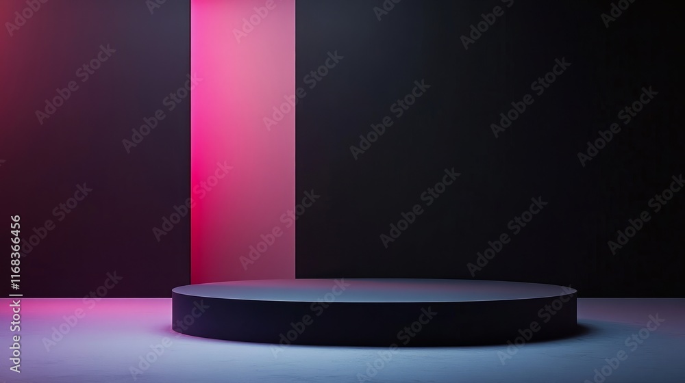 Poster a blank studio setup with a black gradient backdrop and dramatic abstract lighting, creating a moder