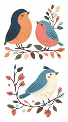 Fototapeta premium Cute birds on branches, autumn leaves, white background, illustration, greeting card design.