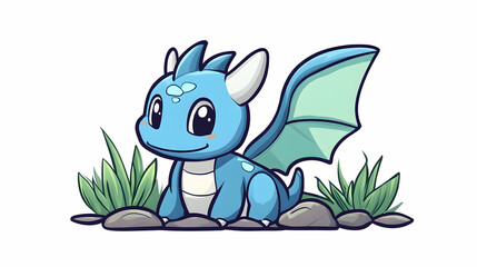 Naklejka premium Cute blue baby dragon cartoon illustration, sitting amidst grass and rocks, for children's book or game design.