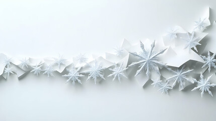 A beautiful arrangement of delicate paper snowflakes on a white background, perfect for winter-themed designs.
