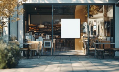 Modern cafe exterior with blank signage and outdoor seating.