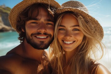 Happy couple taking a selfie by the ocean on vacation in Bahia