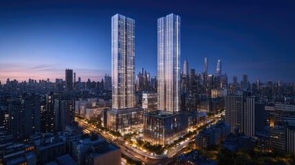 Fototapeta premium Aerial view of modern skyscrapers illuminated at dusk in an urban skyline.
