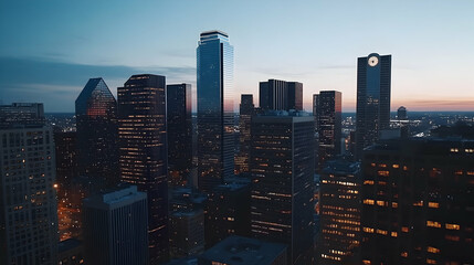 Dallas Skyline Twilight Aerial View Cityscape, Buildings, Dusk, Urban, Texas, Real Estate,  Night,  Modern Architecture.