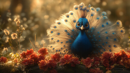 majestic peacock feathers fanned out in a semicircle, each feather shimmering with iridescent colors