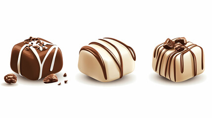Obraz premium Delicious assorted chocolates; milk, dark, and white chocolate with nuts; isolated on white background; perfect for food packaging or advertising.
