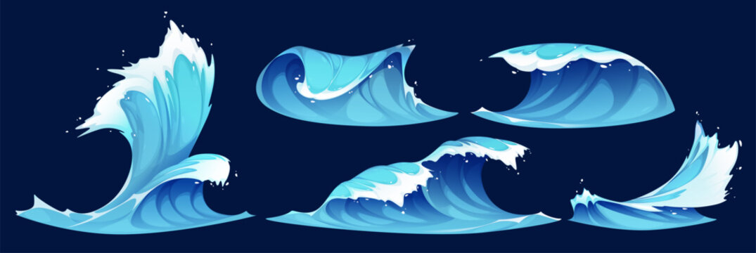 Sea waves set isolated on background. Vector cartoon illustration of blue water splashes with foam, surfing beach, tide, tsunami, stormy seascape, marine adventure game design elements, aqua vortex