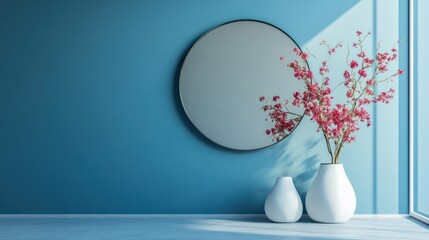Blue wall, mirror, flowers, vases.