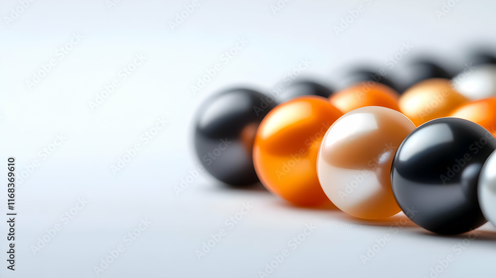 Poster a close-up of colorful glossy spheres arranged in a line on a soft gradient background.