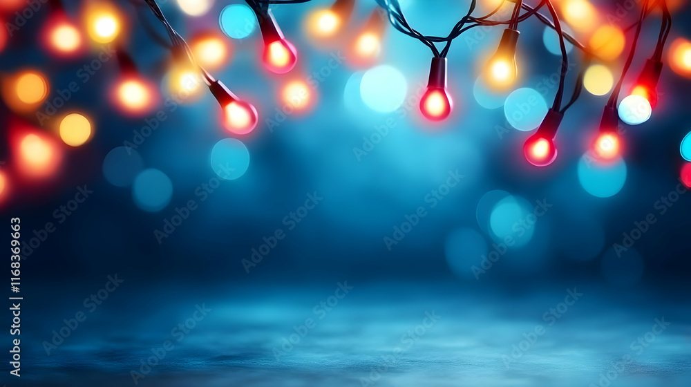 Poster a close-up of colorful string lights against a soft blue background, creating a festive and cozy amb