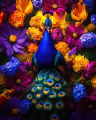 A vibrant peacock surrounded by colorful flowers, showcasing nature's beauty.
