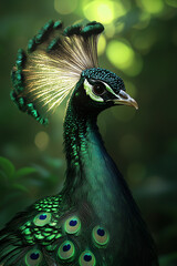 majestic peacock feathers fanned out in a semicircle, each feather shimmering with iridescent colors