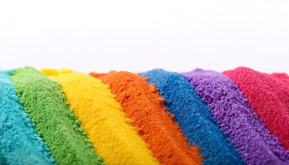 Close up of stripes of rainbow coloured sand and copy space on white background