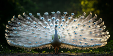 A beautiful white peacock with its feathers spread out in a fan shape