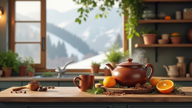 Traditional Russian drinks, Airy kitchen snowy hills herbs lined shelves boiled sbiten spices citrus fruits.