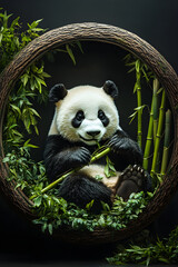 Obraz premium Tranquil Panda Dining: A Peaceful Scene of Harmony Within a Circular Frame
