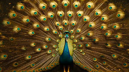 majestic peacock feathers fanned out in a semicircle, each feather shimmering with iridescent colors