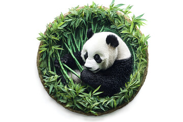 Naklejka premium Tranquil Panda Dining: A Peaceful Scene of Harmony Within a Circular Frame