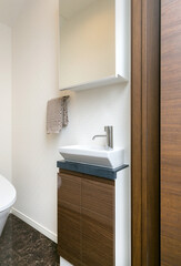 トイレ室の手洗い洗面と収納棚