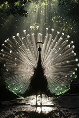 A beautiful white peacock with its feathers spread out in a fan shape