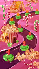 Sweet fantasy game level map with winding candy numbered markers on chocolate river path. Sugary landscape decorated with waffle house, popcorn building and caramel cane poles. Confectionery scene.