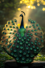 majestic peacock feathers fanned out in a semicircle, each feather shimmering with iridescent colors
