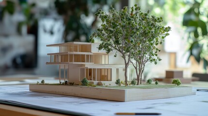A detailed house model paired with a green tree, placed on a drafting table, symbolizing architecture and landscape planning.
