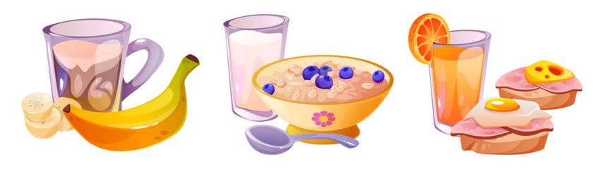 Breakfast meal set with morning combinations. Nutritious hot cocoa and banana fruit, blueberry granola in yellow bowl with milk glass, orange juice and sandwiches with fried eggs, ham and cheese.