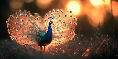majestic peacock feathers fanned out in a semicircle, each feather shimmering with iridescent colors