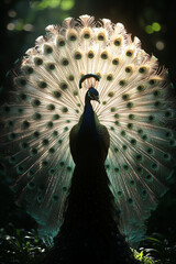 majestic peacock feathers fanned out in a semicircle, each feather shimmering with iridescent colors