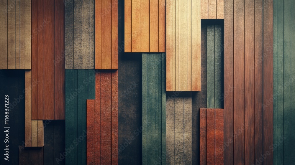 Poster a dynamic wooden wall showcasing contrasting colors and textures, arranged in a layered pattern for 