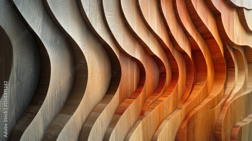 Poster a dynamic wooden wall showcasing contrasting colors and textures, arranged in a layered pattern for 