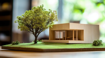 A miniature wooden house model with a tree on its lawn, set against a blurred office or design studio backdrop.