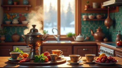 Fototapeta premium Traditional Russian drinks, Warm kitchen folk art frosty landscape steaming samovar colorful cups mint leaves dried fruits.