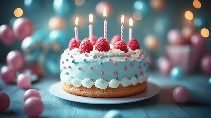 Delicious raspberry birthday cake with lit candles, pastel decorations.
