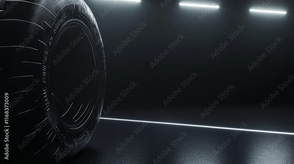 Poster a minimalist studio room with a black gradient backdrop, accented by focused light beams, creating a