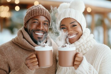 Smiling African American couple enjoying hot cocoa outdoors in winter clothing