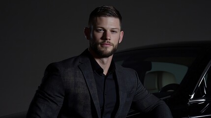 Fototapeta premium In an upscale setting, a stylish male model poses in a perfectly fitted blazer, leaning casually against a chic luxury car. His expression is confident, while the cars polished surface reflects
