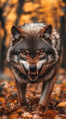 Obraz premium A fierce wolf snarling in a forest with autumn leaves.
