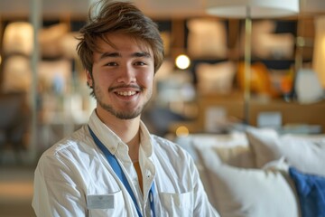 Obraz premium Smiling young male employee in modern retail furniture store environment