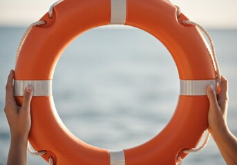 Hands holding orange lifebuoy ring against blurred ocean background
