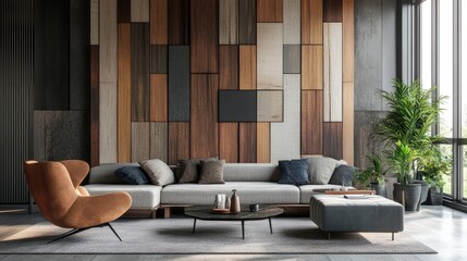 A modern artistic wall made from wooden panels in diverse shades, arranged in a pixel-like design with a mix of rough and smooth finishes