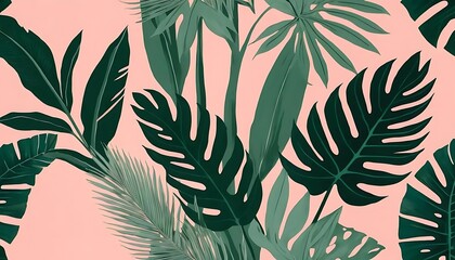 Lush Green Tropical Leaves on Pink Background