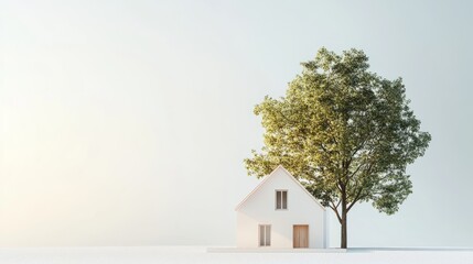 A modern house model with a tall tree in front, placed on a white surface, with soft natural light creating a calming effect