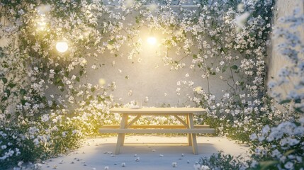 Obraz premium A serene outdoor space with a picnic table surrounded by blooming flowers and soft lighting.