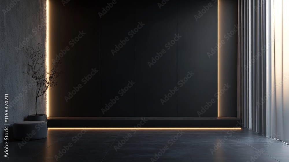 Poster a modern studio design featuring a black gradient wall and subtle abstract light patterns, perfect f