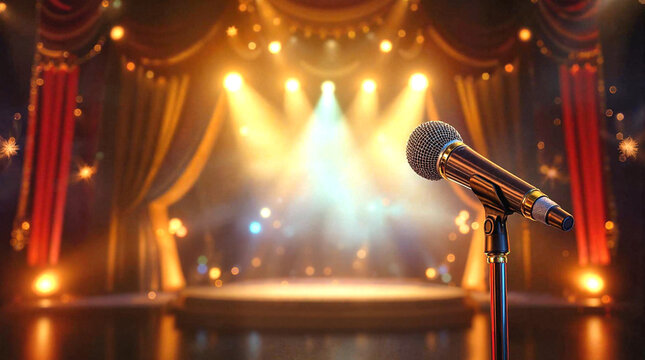 Sanremo Festival. Microphone on stage at Sanremo Festival with dramatic lighting and vibrant atmosphere