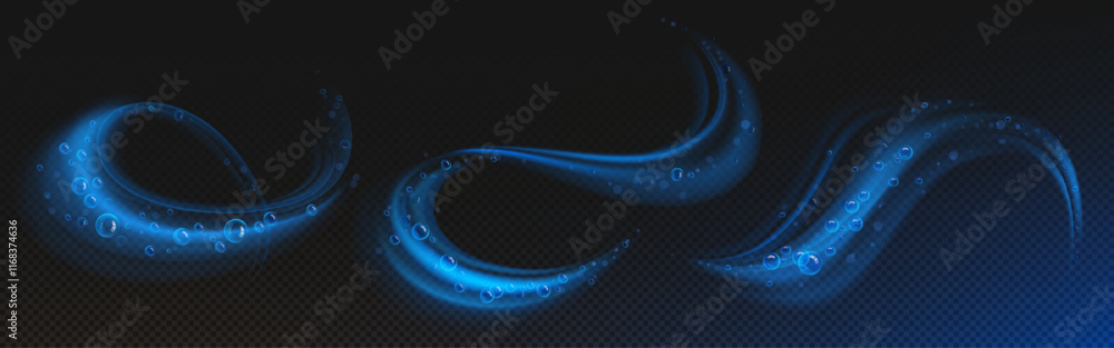 Poster magical bubble swirl effects - glowing neon blue streams with transparent spheres, flowing waves and