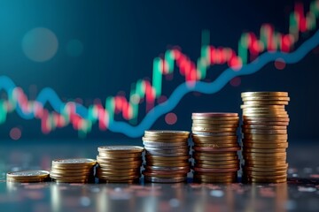 financial stock market chart and rows of growing coins, abstract and symbol for financial concept on blue background